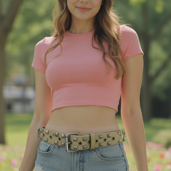 New Women Men Fashion Belt Beige Faux Leather Silver Metal Studs Size S M L XL - Picture 9 of 17